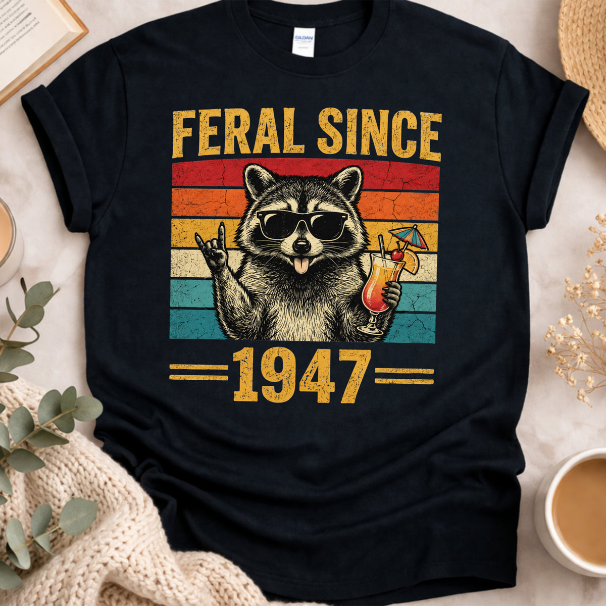 Feral Since 1947 Funny Rock On Raccoon Sunglasses T-Shirt