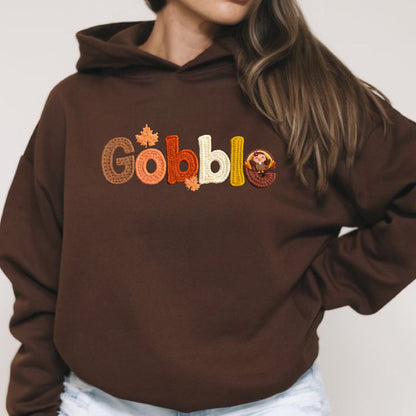 Thanksgiving Turkey Hoodie with Faux Yarn ‘Gobble’ Design (not embroidered)