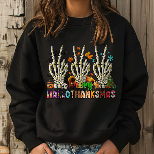 Happy Hallothanksmas Sweatshirt, Halloween Thanksgiving Christmas Sweatshirt, Fall Season Gift, Trending Gift