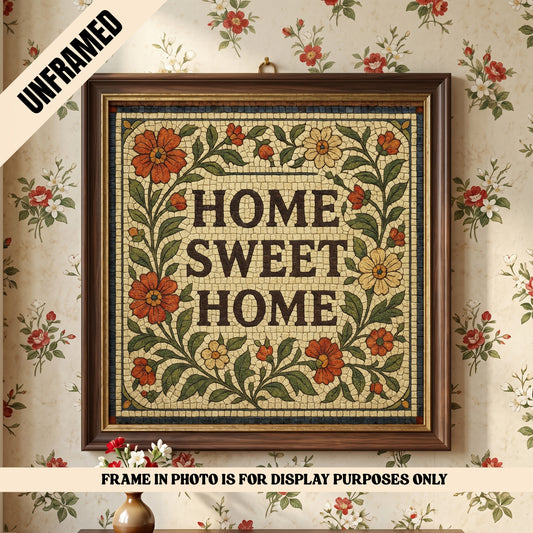 Home Sweet Home Mosaic Vintage Tile Style Floral Poster (unframed)
