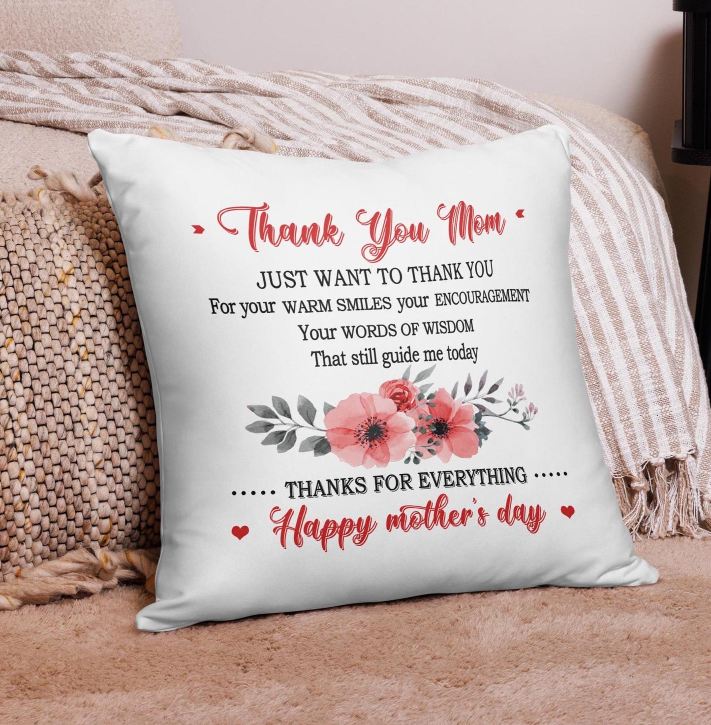 Thank You Mom Mother's Day Pillow (Design on Both Sides)