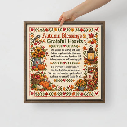 Faux Cross Stitch Fall Theme Poem Framed Canvas