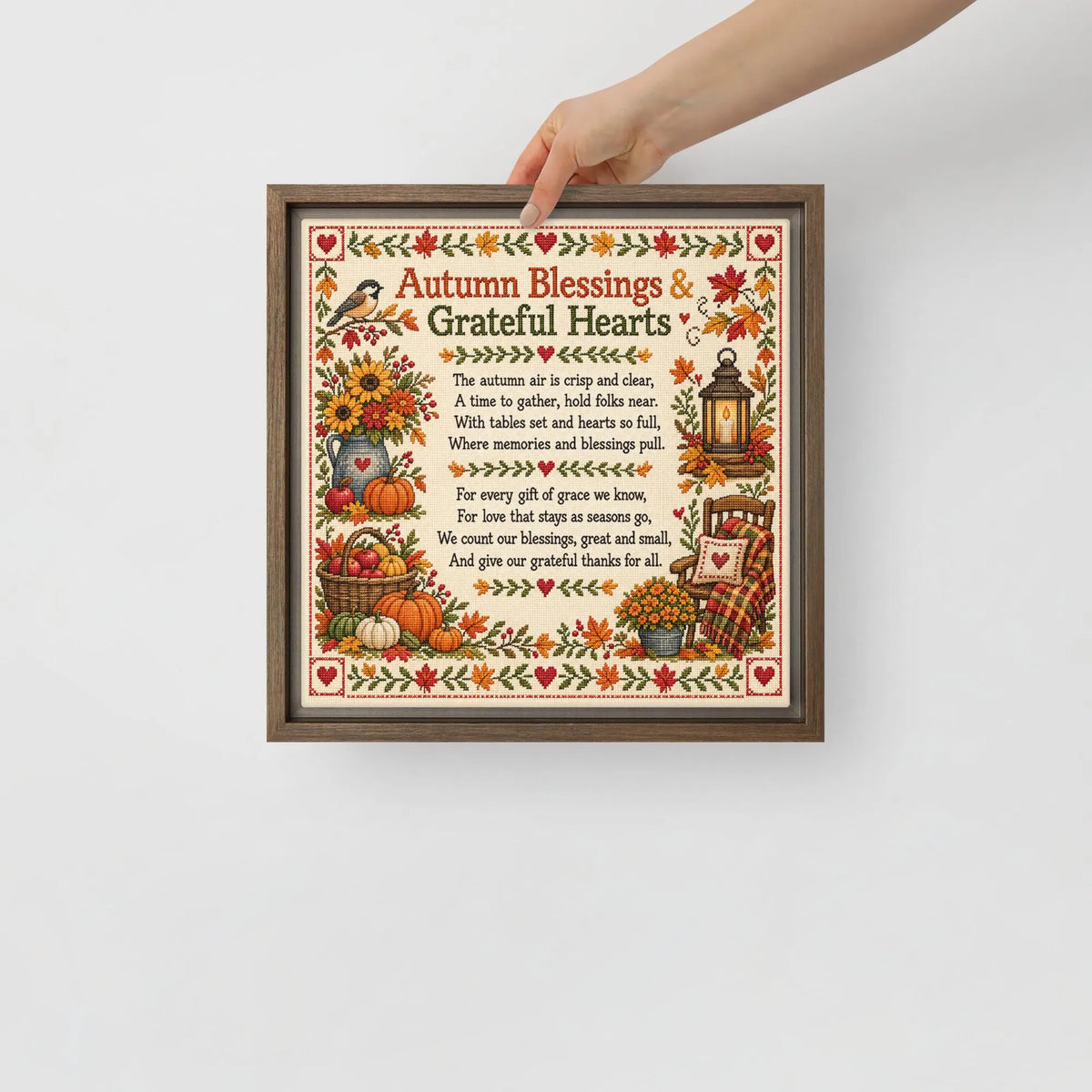 Faux Cross Stitch Fall Theme Poem Framed Canvas