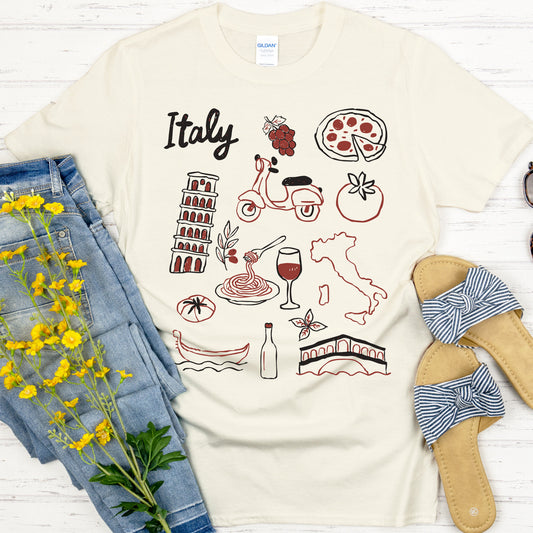 Hand-Drawn Italian Icons T-Shirt, Italy Lovers Tee