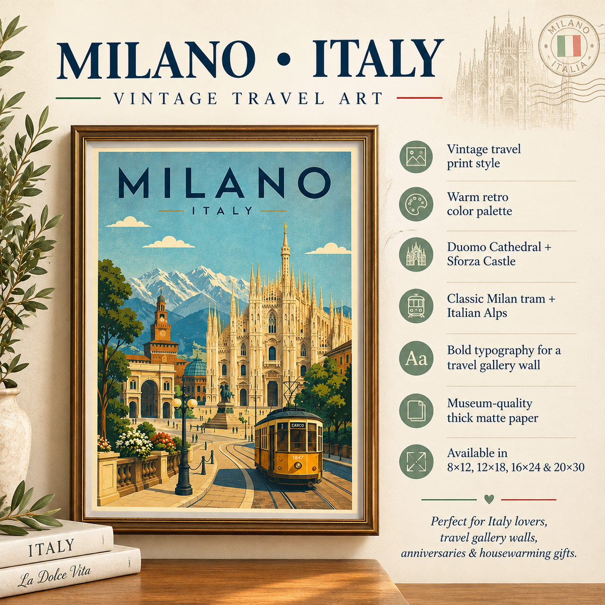 Milano Italy Vintage Style Travel Art Poster (Unframed)