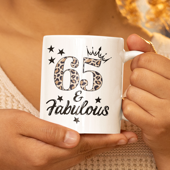 65 and Fabulous White glossy mug