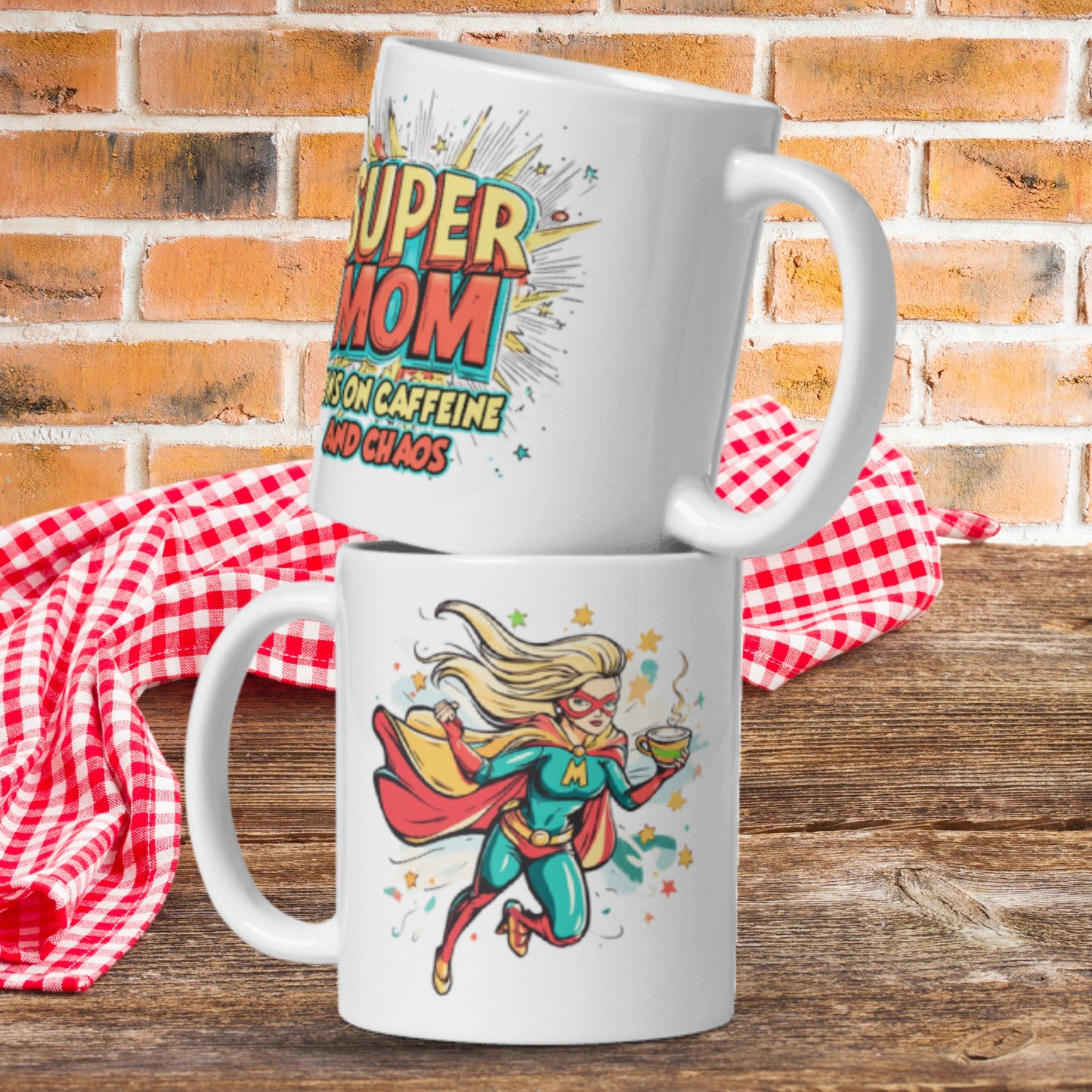 Super Mom Running on Caffeine and Chaos White Glossy Mug