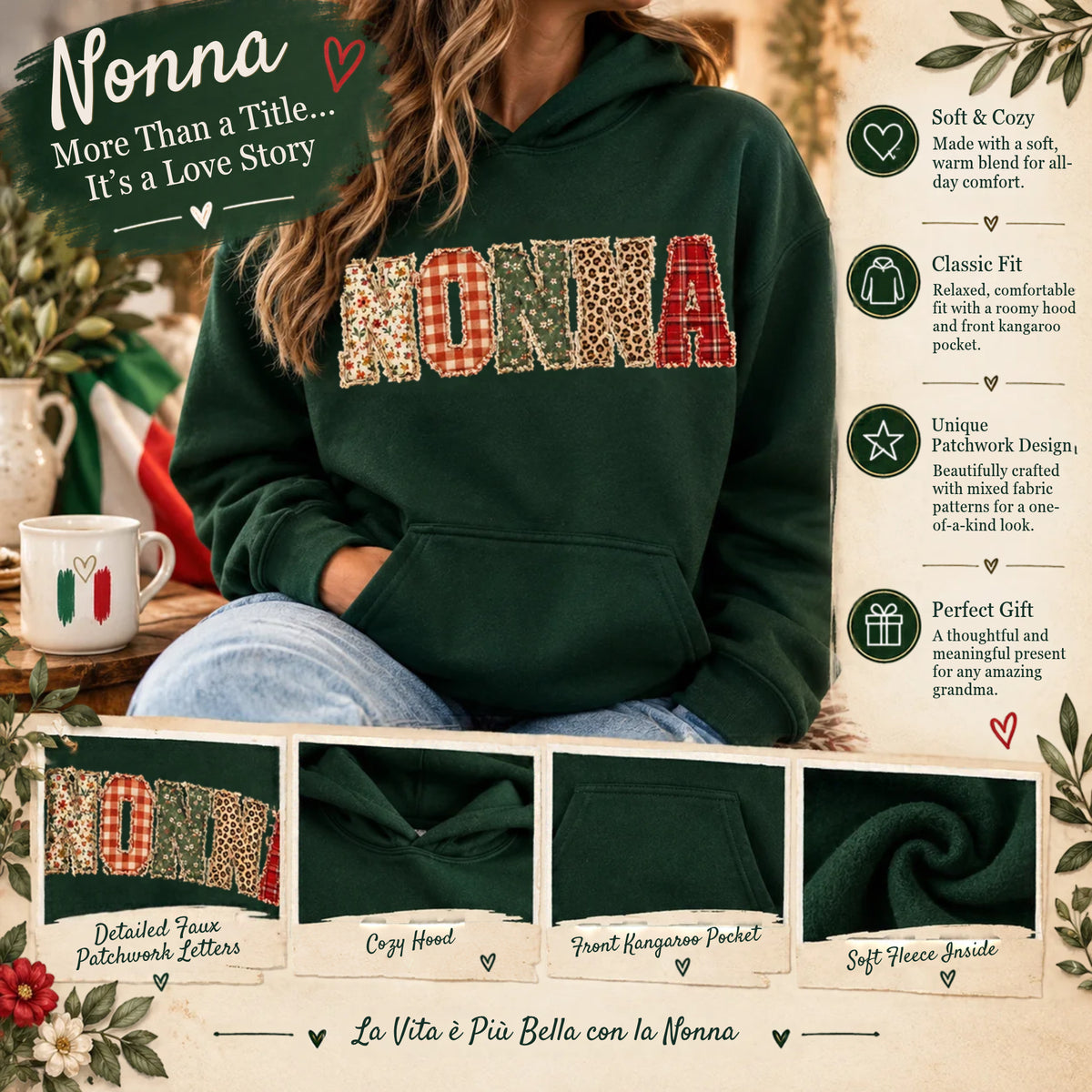 Nonna Faux Patchwork Letters Italian Grandma Hoodie