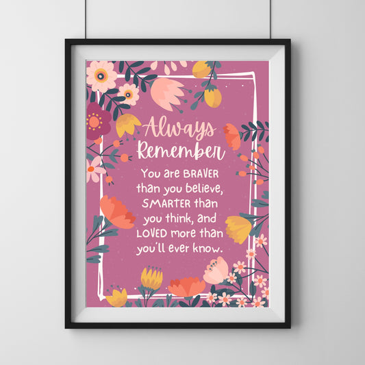 Always Remember Quote Print | Inspirational Poster | Braver Stronger & Loved Poster