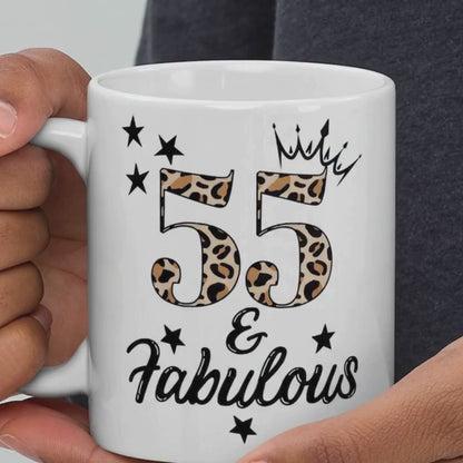 55 and Fabulous White glossy mug
