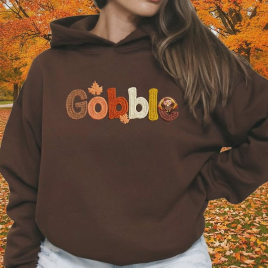 Thanksgiving Turkey Hoodie with Faux Yarn ‘Gobble’ Design (not embroidered)