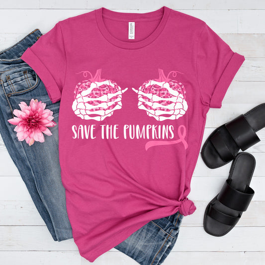 Pink Ribbon, Skeleton Save The Pumpkins, Halloween Cancer Fighter Gift, Hand Bra Tshirt, Breast Cancer Awareness Shirt