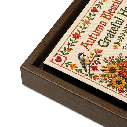 Faux Cross Stitch Fall Theme Poem Framed Canvas
