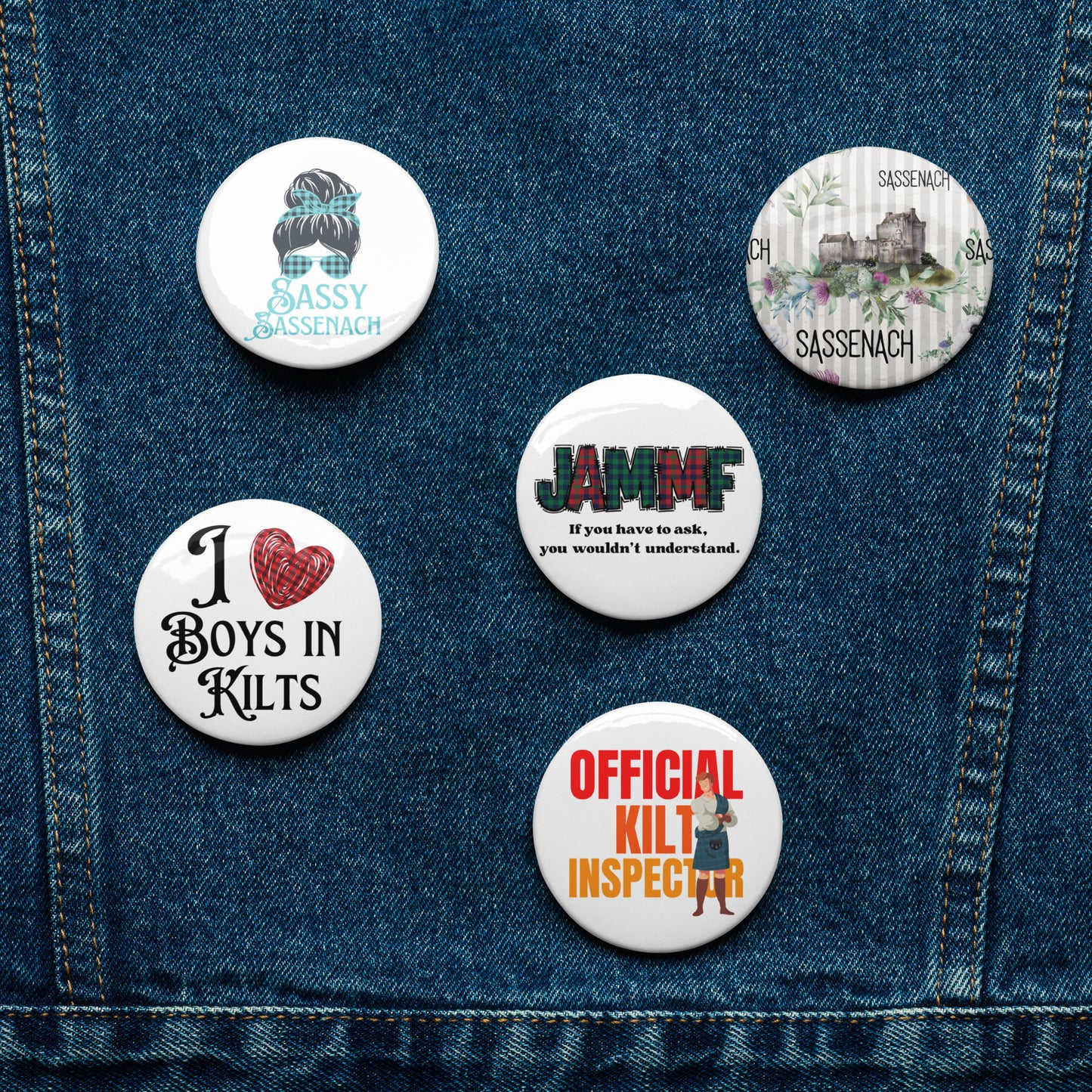 Outlander Set of 5 pin buttons, Outlander Buttons, Outlander Merch, Sassenach Button