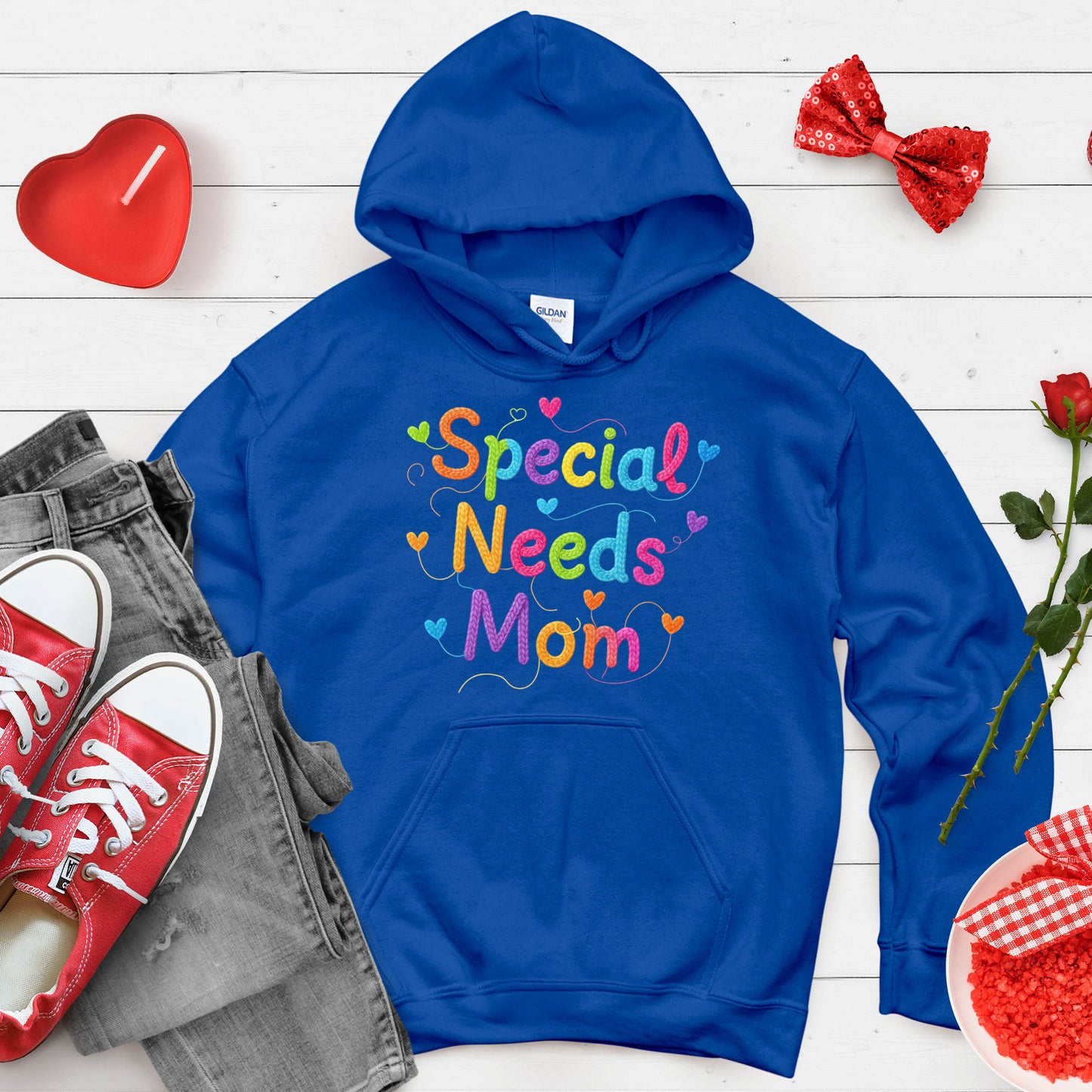 Colorful Special Needs Mom Hoodie with Faux Embroidery