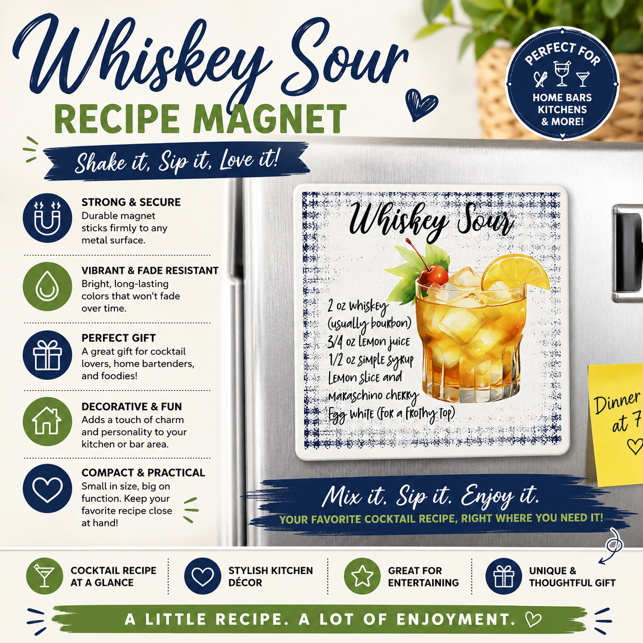 Whiskey Sour Recipe Magnet, Cocktail Lover Gift, Whiskey Sour Recipe Magnet, Bar Decor, Fun Bar Gift