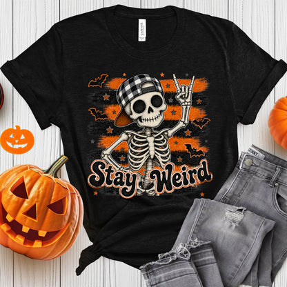 Stay Weird Funny Halloween Skeleton w/ Rock Sign Tee