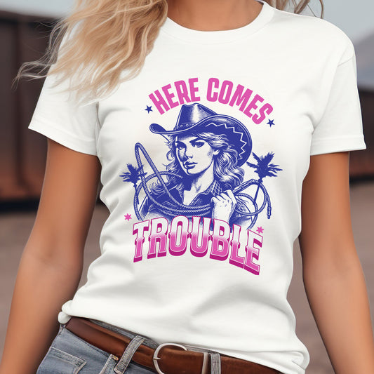 Here Comes Trouble T-Shirt, Cowgirl Gift Tee, Western Style Shirt, Rodeo Girl, Country Girl