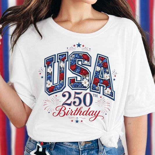 USA 250th Birthday Floral Patriotic T-Shirt