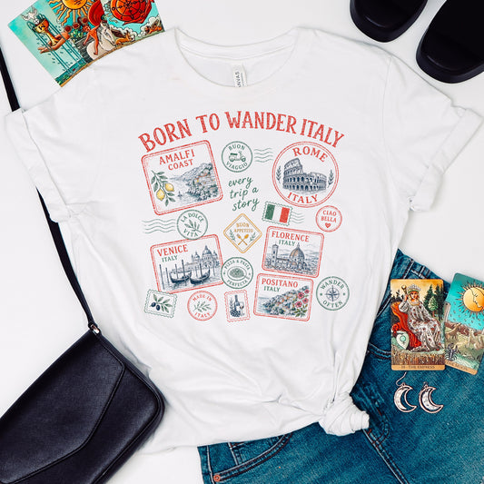 Born To Wander Italy Vintage Travel Stamp T-shirt