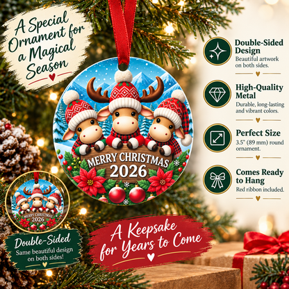 Merry Christmas 2026 Cute Reindeer Trio Double Sided Metal Ornament